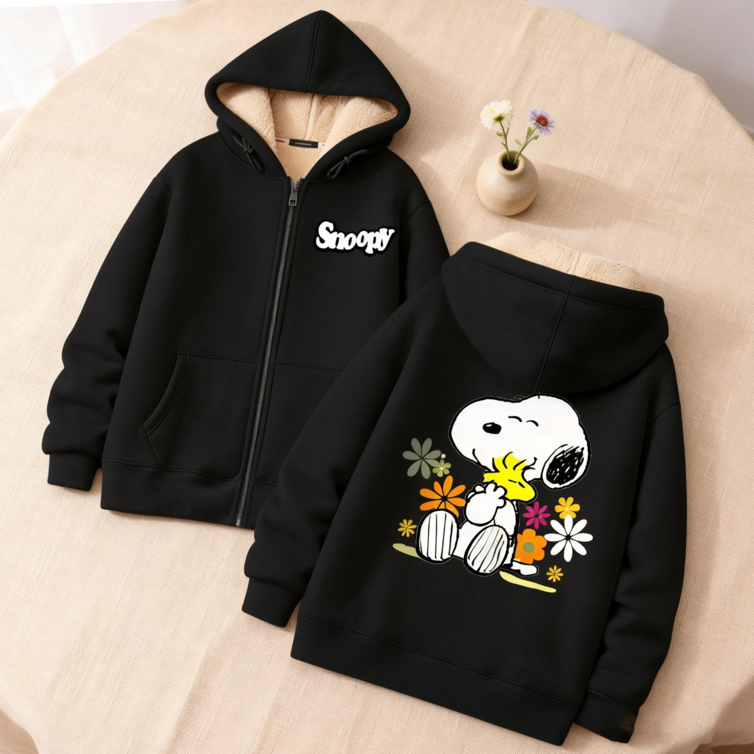 Winter Clothing Women Sale - Snoopy Black Zip Hoodie Adult Kawaii